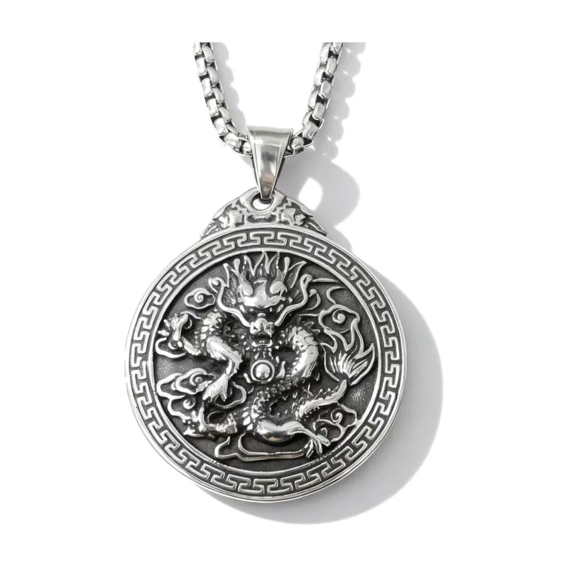 Pendentif Médaillon Dragon avec Chaîne Box, Acier Inoxydable