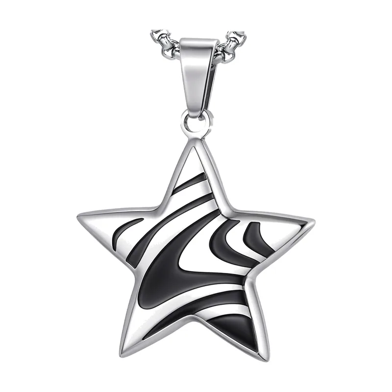 Collier Pendentif Étoile avec Incrustation Noire, Acier Inoxydable