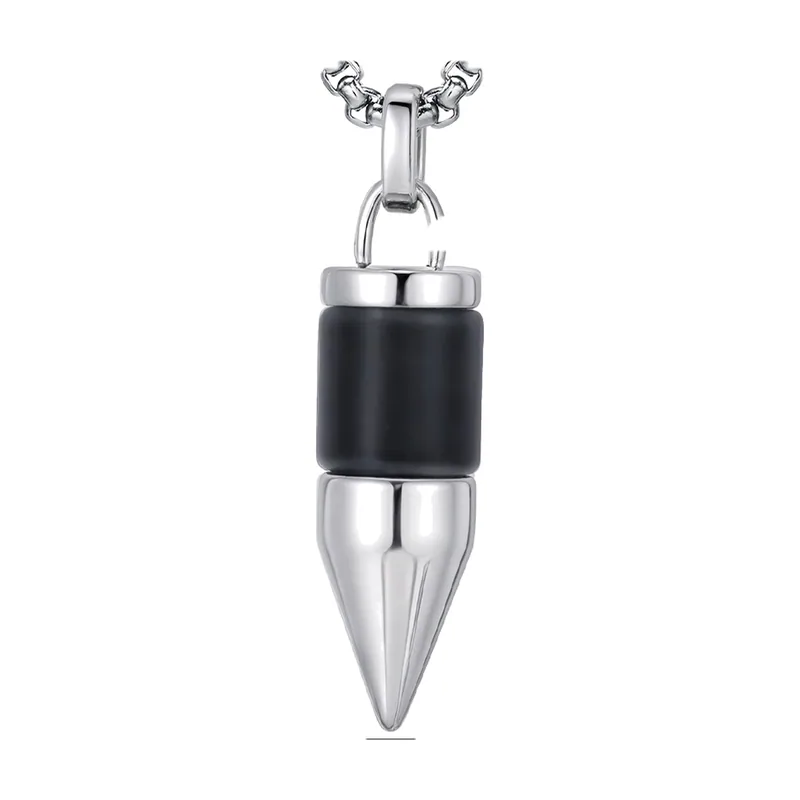 Collier Pendentif Cylindre avec Pierre Noire, Acier Inoxydable
