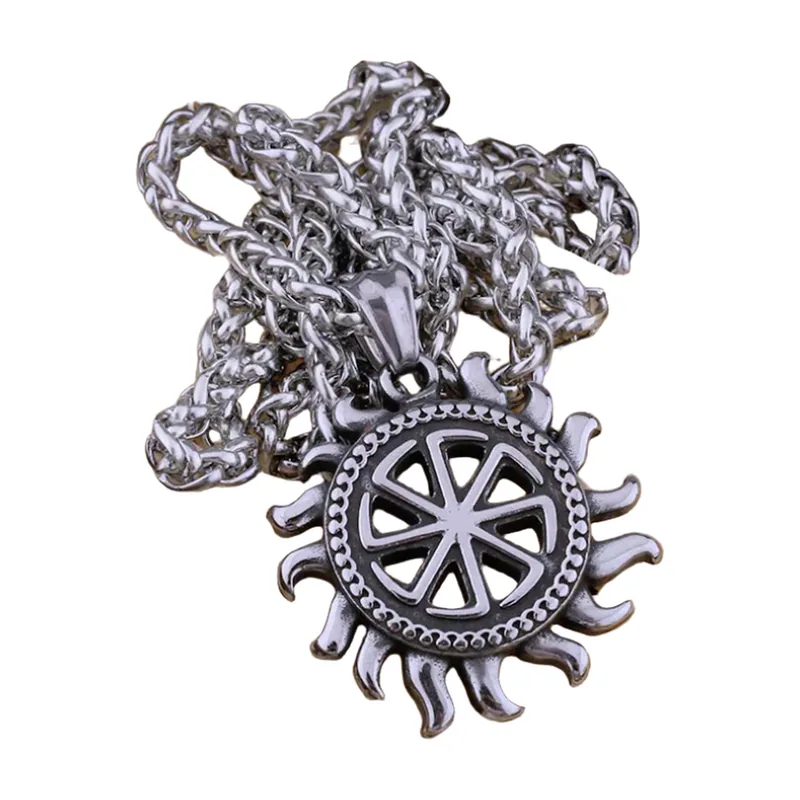 Pendentif Roue Solaire Slave avec Chaîne, Acier Inoxydable
