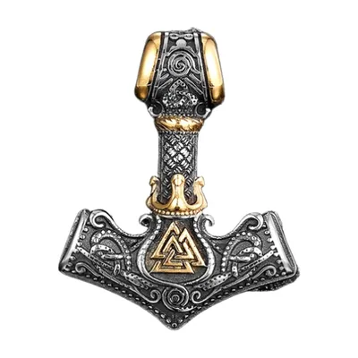 Mjolnir Hammer Pendant with Valknut Symbol, Stainless Steel