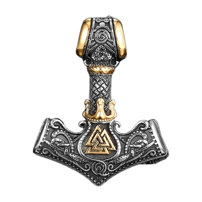 Mjölnir Hammer Anhänger mit Valknut Symbol, Edelstahl