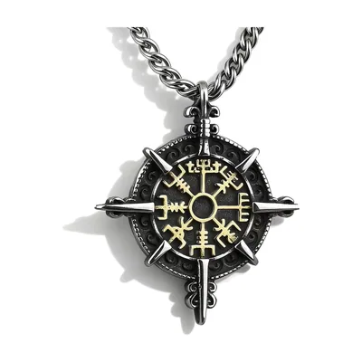 Pendentif Boussole Viking Vegvisir avec Chaîne, Acier Inoxydable