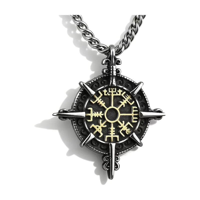 Vegvisir Wikinger Kompass Anhänger mit Taūkette, Edelstahl