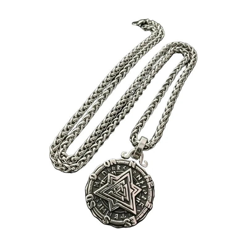 Pendente Vichingo Vegvisir e Valknut con Catena, Acciaio Inossidabile