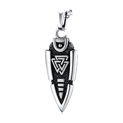 Arrowhead Pendant Necklace with Valknut Symbol, Stainless Steel