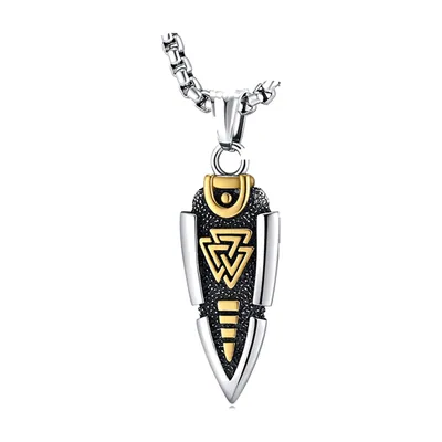 Pendente a Punta di Freccia con Valknut e Rune, Acciaio Inox