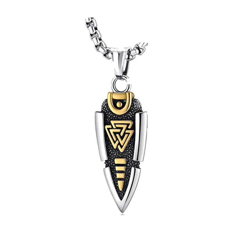 Pendente a Punta di Freccia con Valknut e Rune, Acciaio Inox