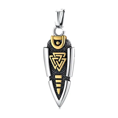 Arrowhead Pendant with Valknut and Runes, Stainless Steel