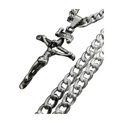 Jesus Cross Crucifix Pendant with Curb Chain, Stainless Steel