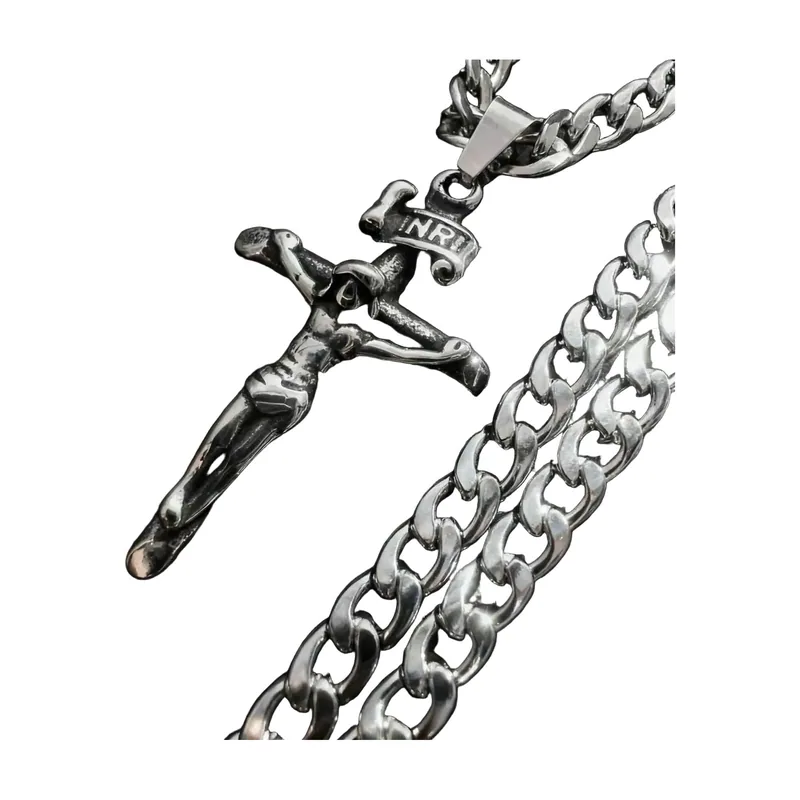 Collier Pendentif Crucifix Jésus avec Chaîne, Acier Inoxydable