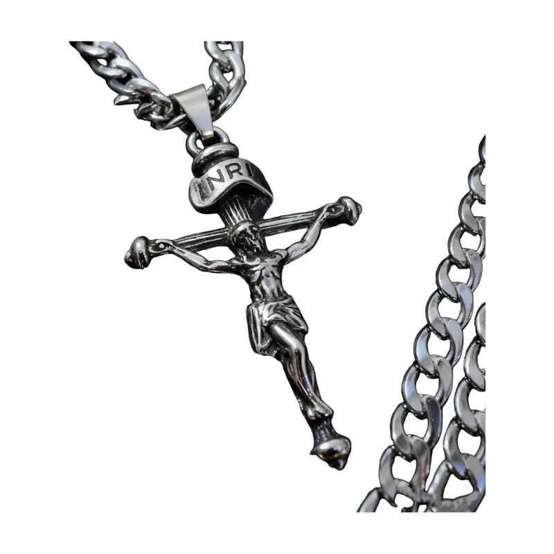 Kruzifix Kreuz Anhänger mit Panzerkette, Edelstahl