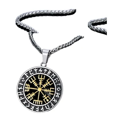 Vegvisir and Futhark Rune Pendant with Rope Chain, Stainless Steel