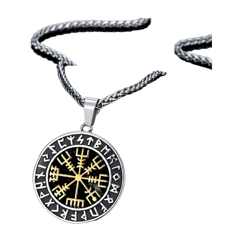 Ciondolo Vegvisir e Rune Futhark con Catena, Acciaio Inossidabile