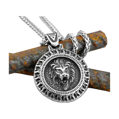 Medallón Vikingo Cabeza de León con Cadena, Acero Inoxidable