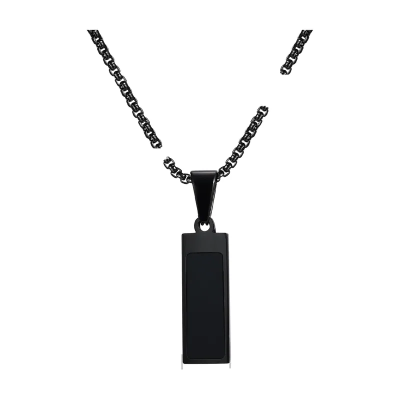 Rectangular Pendant Necklace with Black Inlay, Stainless Steel
