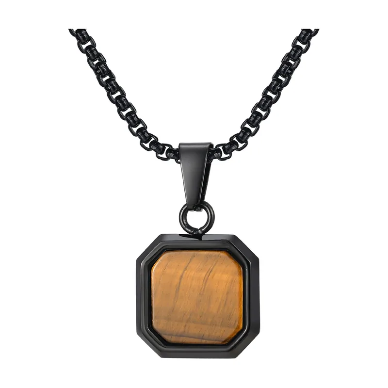 Square Brown Stone Pendant with Curb Chain, Stainless Steel