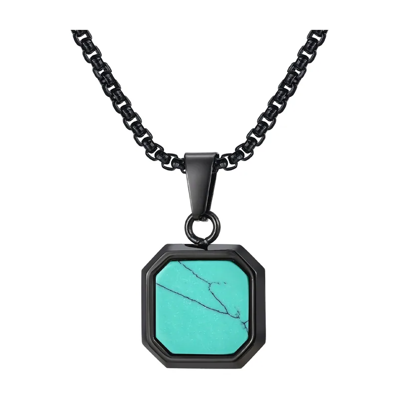 Collier avec Pendentif Carré en Pierre Turquoise, Acier Inoxydable
