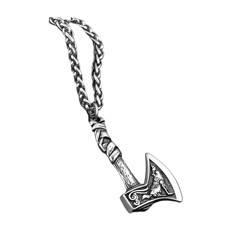 Collier Hache Viking avec Corbeau d'Odin et Loup, Acier Inoxydable
