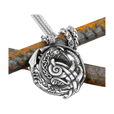 Viking Raven Pendant with Norse Runes, Stainless Steel