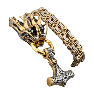 Collier Pendentif Tête de Dragon et Mjölnir, Acier Inoxydable