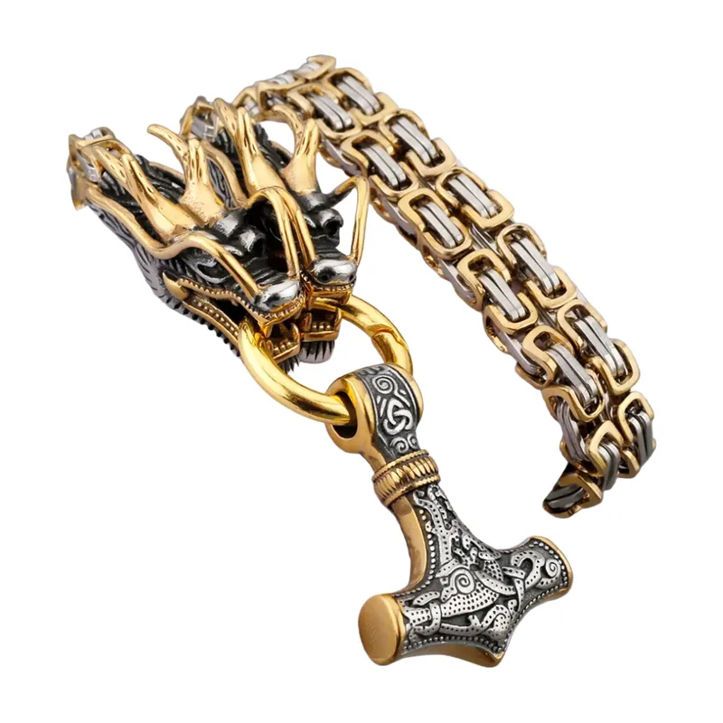 Collana con Pendente Drago e Martello di Mjölnir, Acciaio Inox
