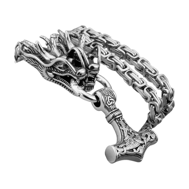 Pendentif Dragon et Marteau de Thor Mjölnir, Acier Inoxydable