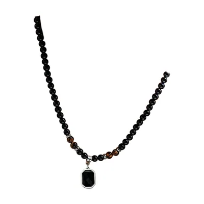 Square Black Stone Pendant with Beaded Chain, Stainless Steel