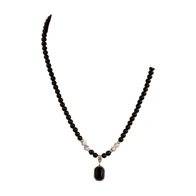 Square Black Stone Pendant Necklace with Beaded Chain, Stainless Steel