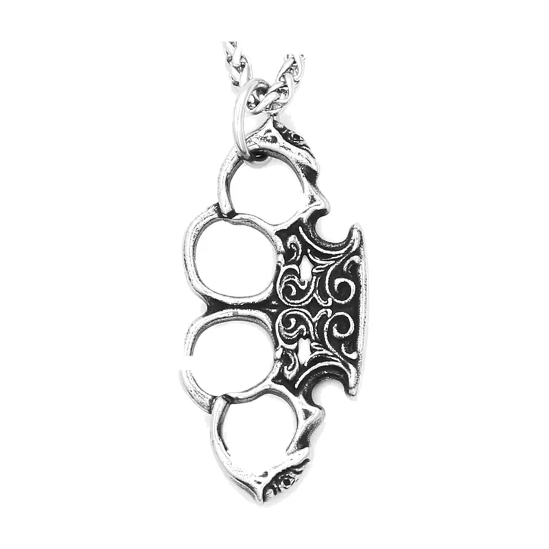 Brass Knuckle Pendant with Floral Engravings, Stainless Steel