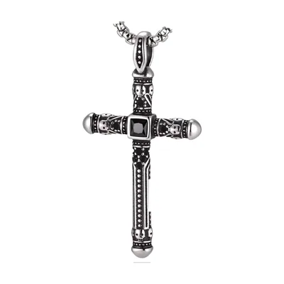 Gothic Cross Pendant with Black Cubic Zirconia, Stainless Steel