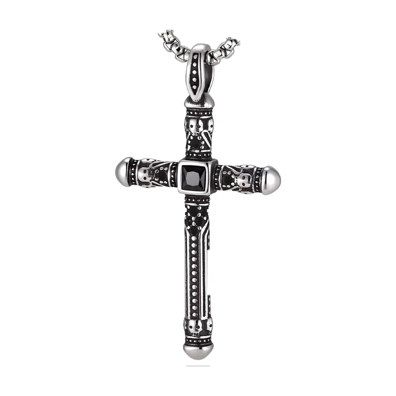 Pendente Croce Gotica con Zircone Nero, Acciaio Inossidabile