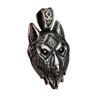 Wolfskopf Wikinger Anhänger mit Runenkette, Edelstahl