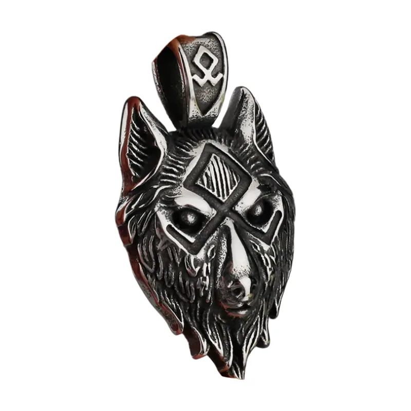 Wolfskopf Wikinger Anhänger mit Runenkette, Edelstahl