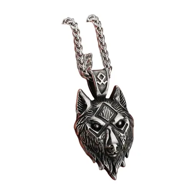 Wolfskopf Wikinger Anhänger mit Panzerkette, Edelstahl