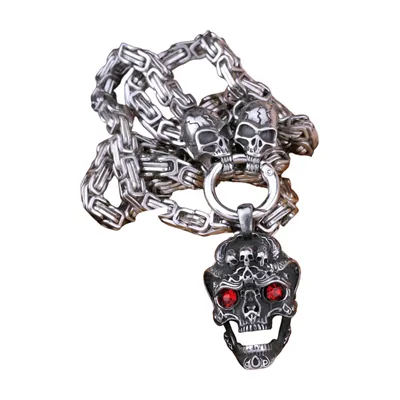 Collier Pendentif Tête de Mort avec Pierres Rouges, Acier Inoxydable