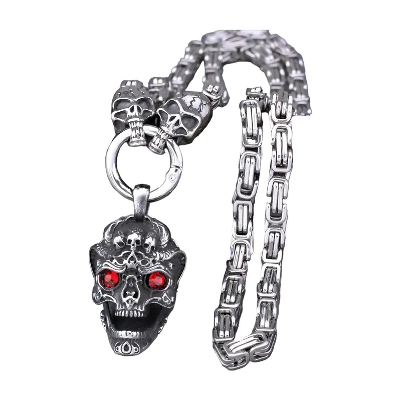 Gothic Skull Pendant with Red Stones, Stainless Steel