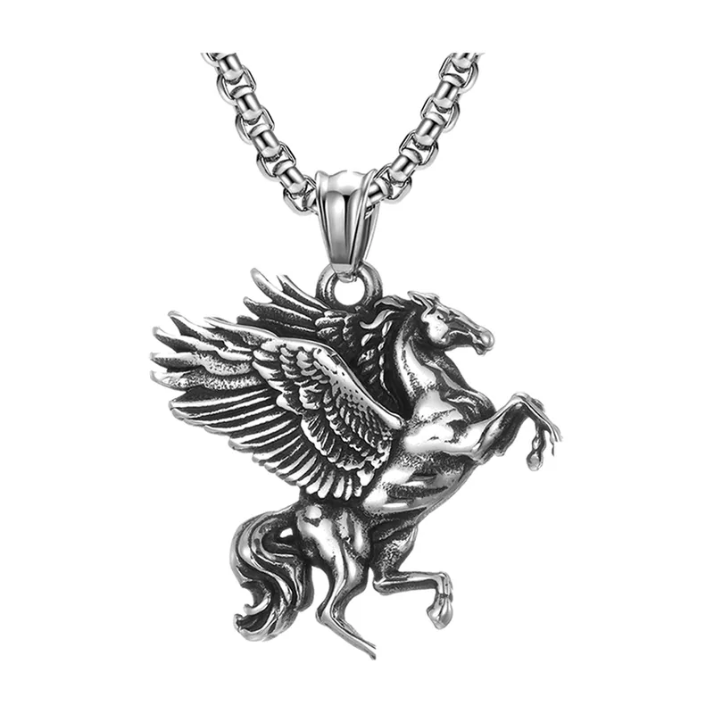 Pegasus Winged Horse Pendant with Curb Chain, Stainless Steel