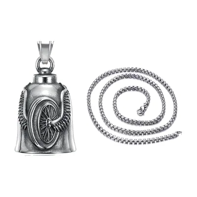 Collana con Ciondolo Campanella Guardiana e Dettaglio Ruota, Acciaio Inossidabile