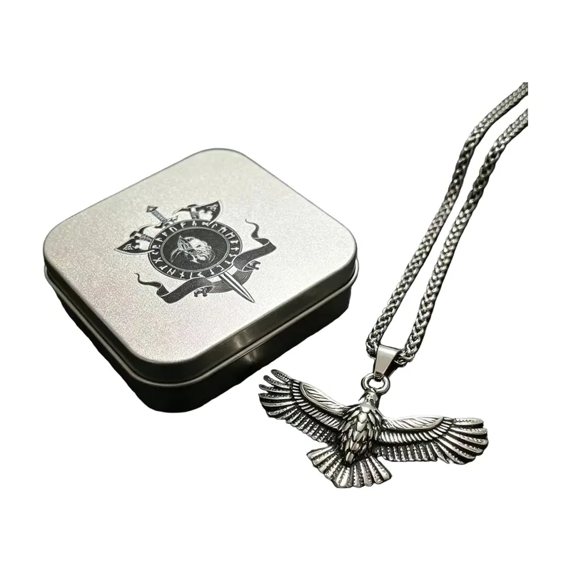 Nordic Raven Pendant with Wheat Chain, Stainless Steel