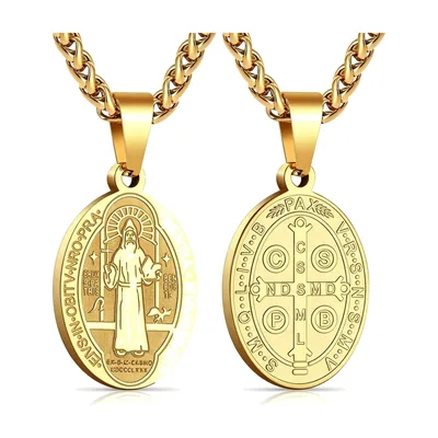 Pendentif Médaille Saint Benoît avec Chaîne, Acier Inoxydable