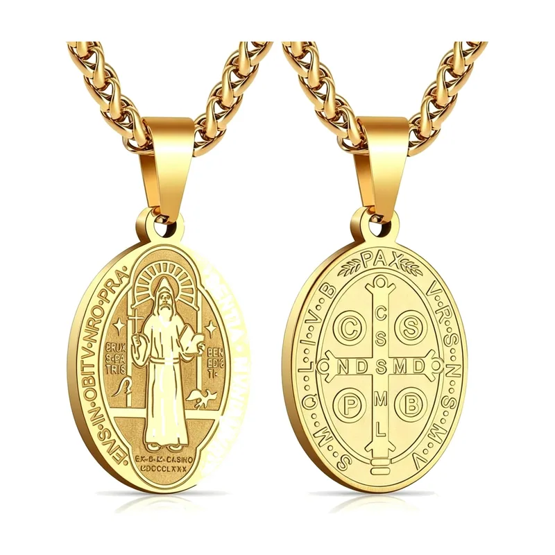 Pendentif Médaille Saint Benoît avec Chaîne, Acier Inoxydable