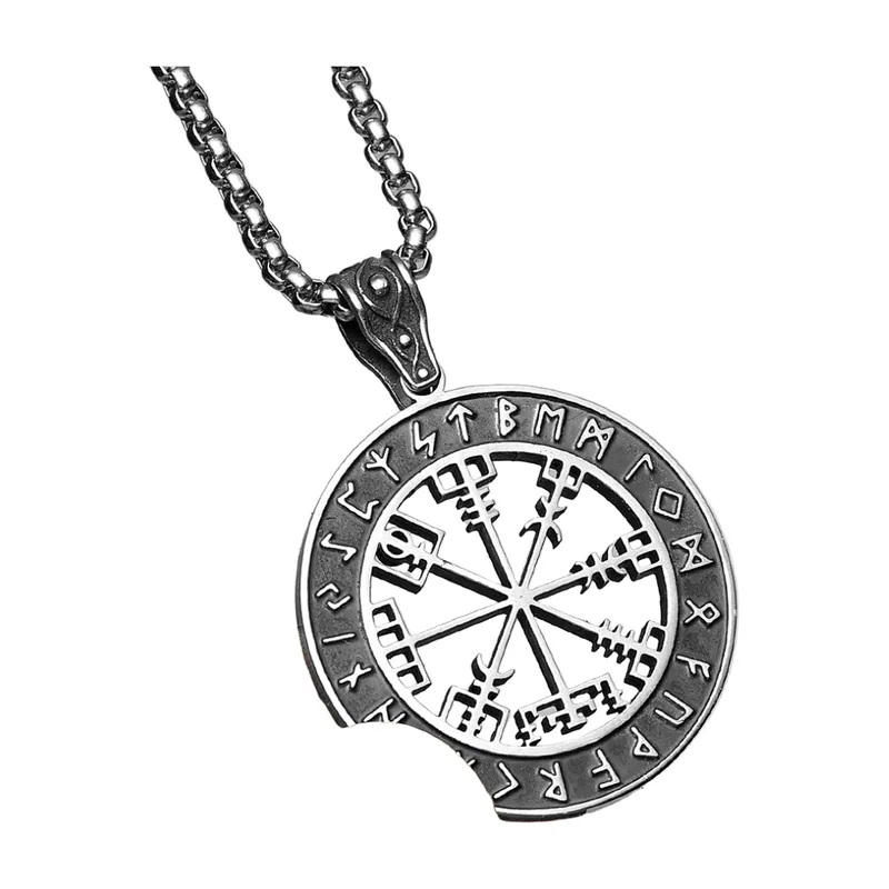Vegvisir Wikinger Kompass Anhänger mit Runenkette, Edelstahl