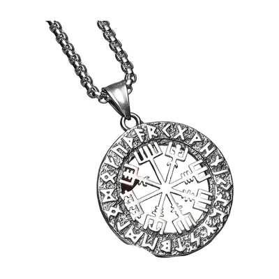 Pendente Bussola Vichinga Vegvisir con Catena a Palline, Acciaio Inossidabile