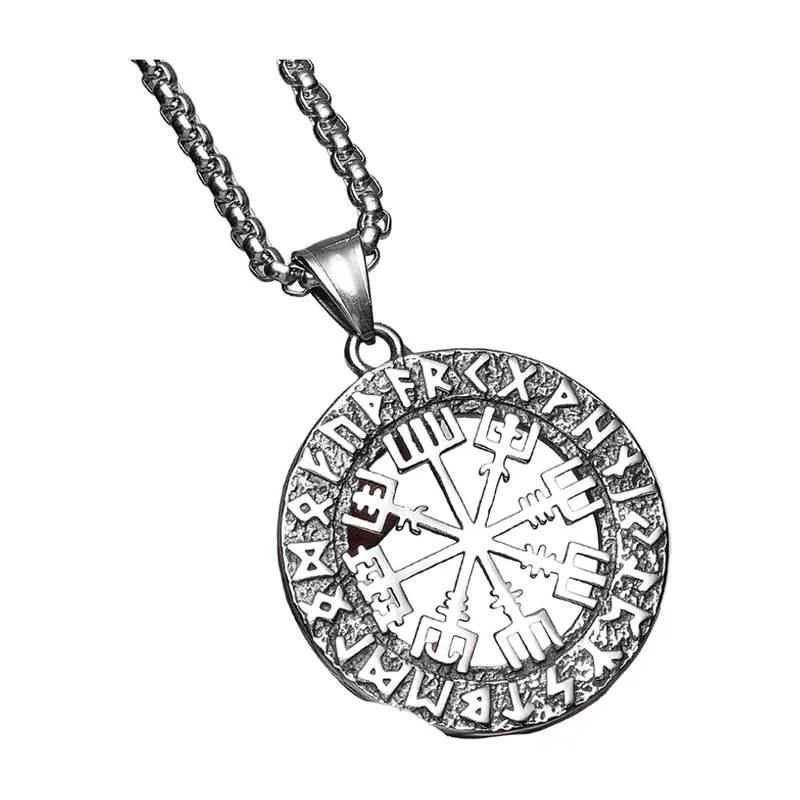 Pendentif Boussole Viking Vegvisir avec Chaîne à Billes, Acier Inoxydable