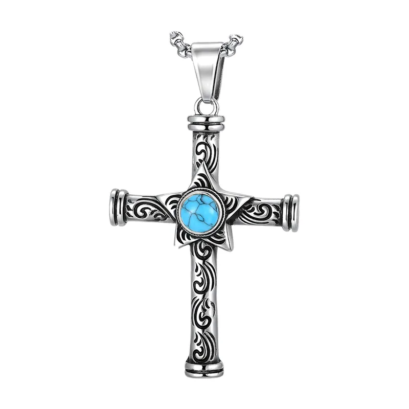 Collana con Croce e Pietra Blu, Acciaio Inossidabile 316L
