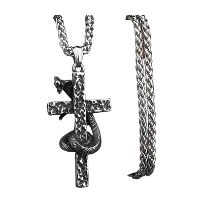 Collier Pendentif Croix et Serpent, Acier Inoxydable