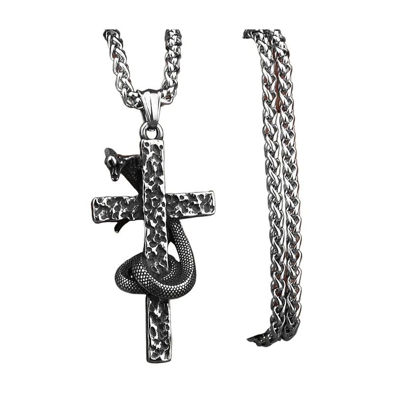 Collier Pendentif Croix et Serpent, Acier Inoxydable