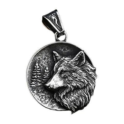 Pendentif Viking Tête de Loup avec Détails de Forêt, Acier Inoxydable