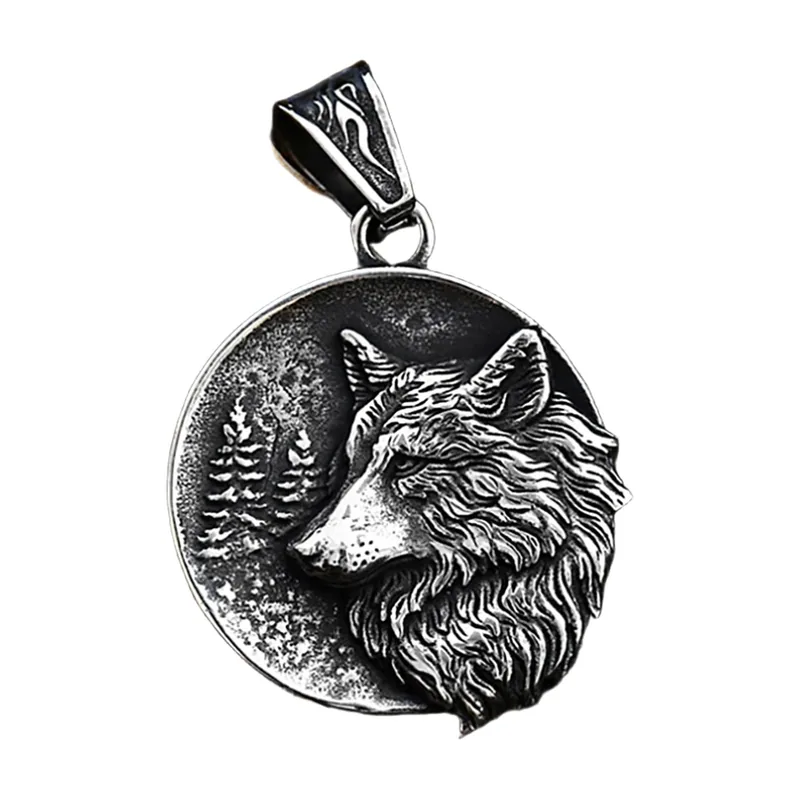 Wikinger Wolfskopf Anhänger mit Wald-Motiv, Edelstahl